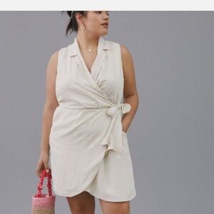 NWT Anthropologie Plus Size Linen Blend Wrap Collar Mini Dress in Cream/Tan 2X
